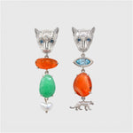 Pair of leopard shaped earrings with colored gemstones on a light grey background