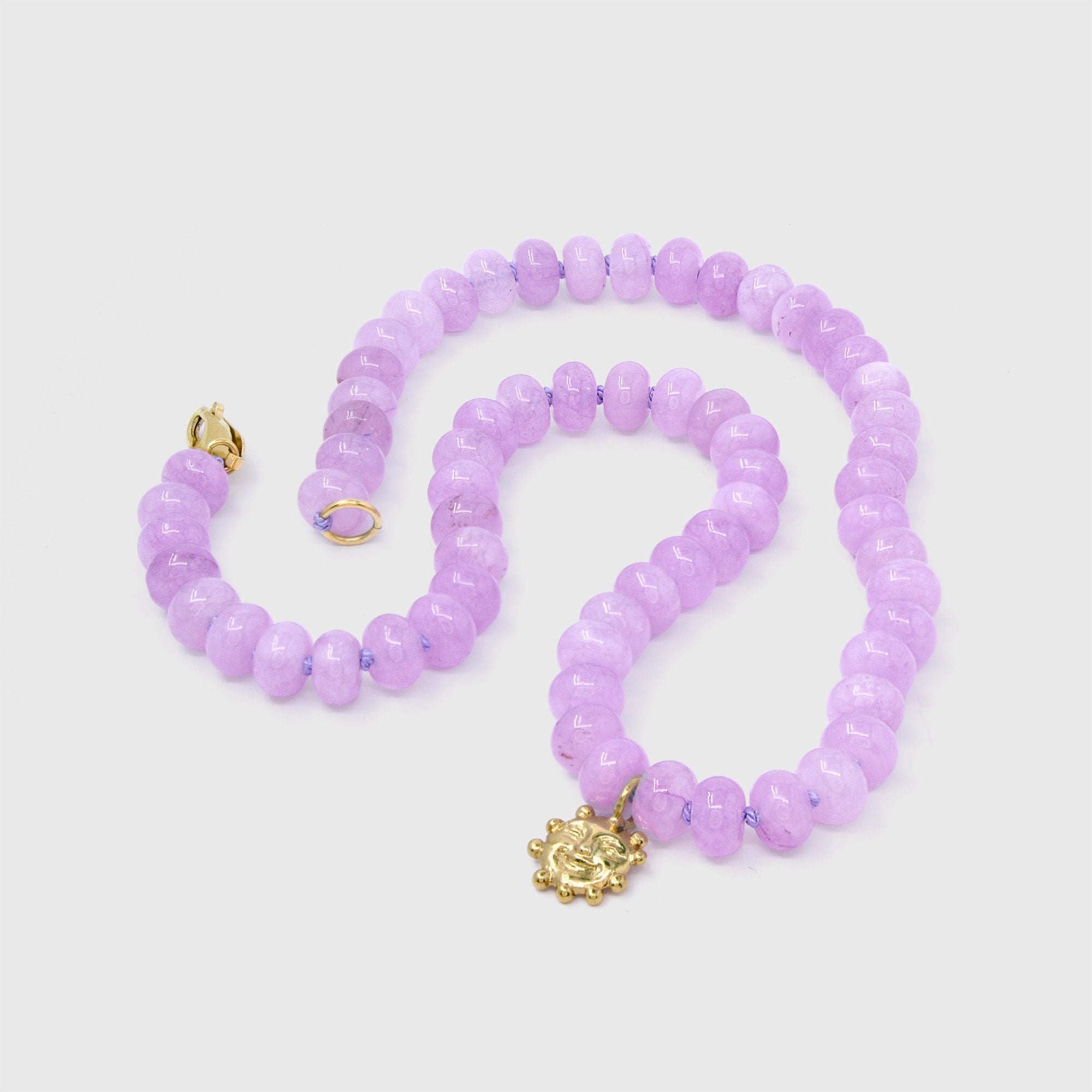 Agate & Smiling Sun Granny Bead Necklace, lilac agate beads with a gold smiling sun charm and clasp