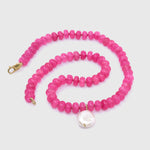 Agate & Wonky Pearl Granny Bead Necklace, a strand of vibrant pink agate beads with a wonky pearl drop and gold clasp