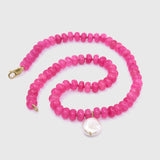 Agate & Wonky Pearl Granny Bead Necklace, a strand of vibrant pink agate beads with a wonky pearl drop and gold clasp