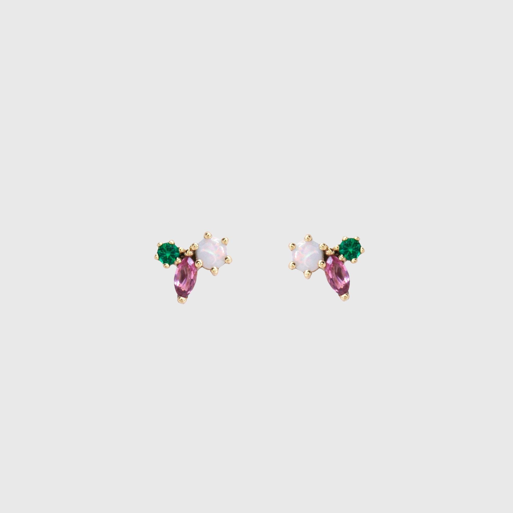 Bloom Studs, an opal, a marquise pink tourmaline and a lab-grown emerald clustered in gold claw settings