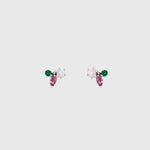 Cluster studs with an opal, a marquise pink tourmaline and a lab-grown emerald in silver claw settings