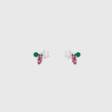 Cluster studs with an opal, a marquise pink tourmaline and a lab-grown emerald in silver claw settings
