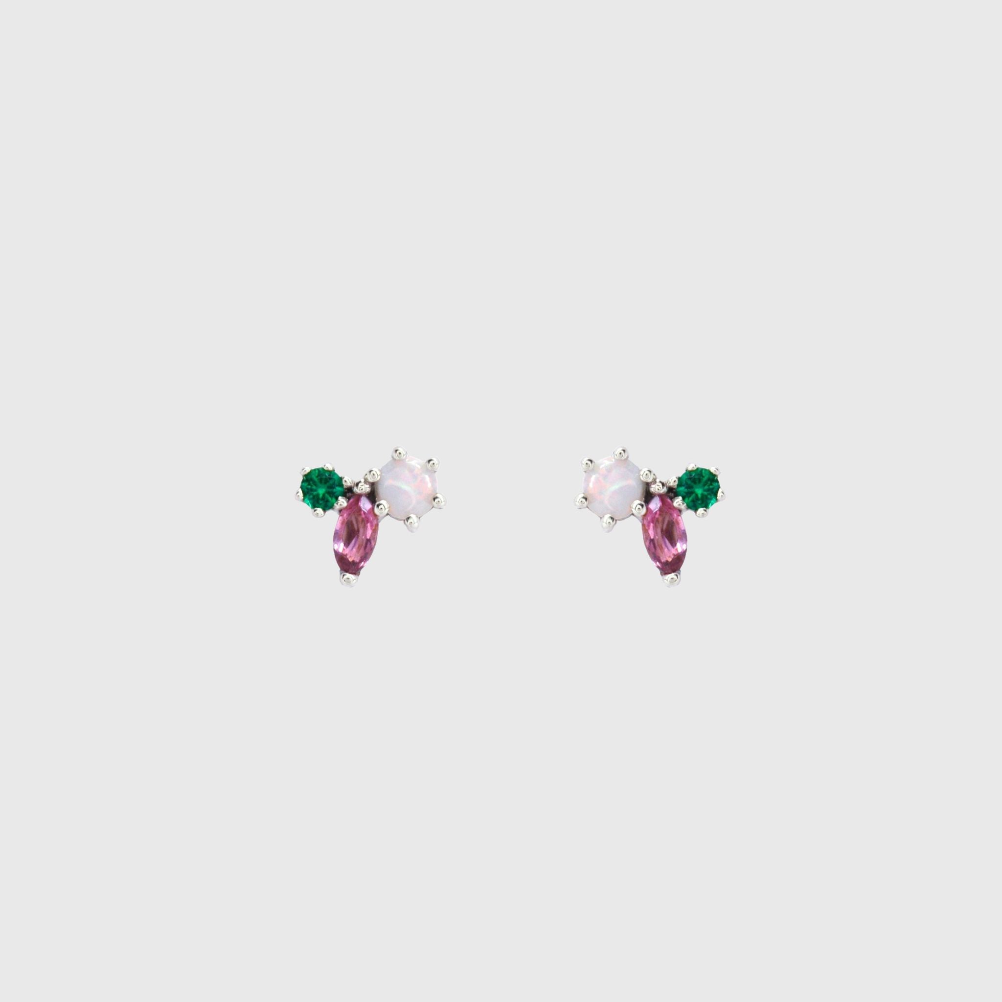 Cluster studs with an opal, a marquise pink tourmaline and a lab-grown emerald in silver claw settings