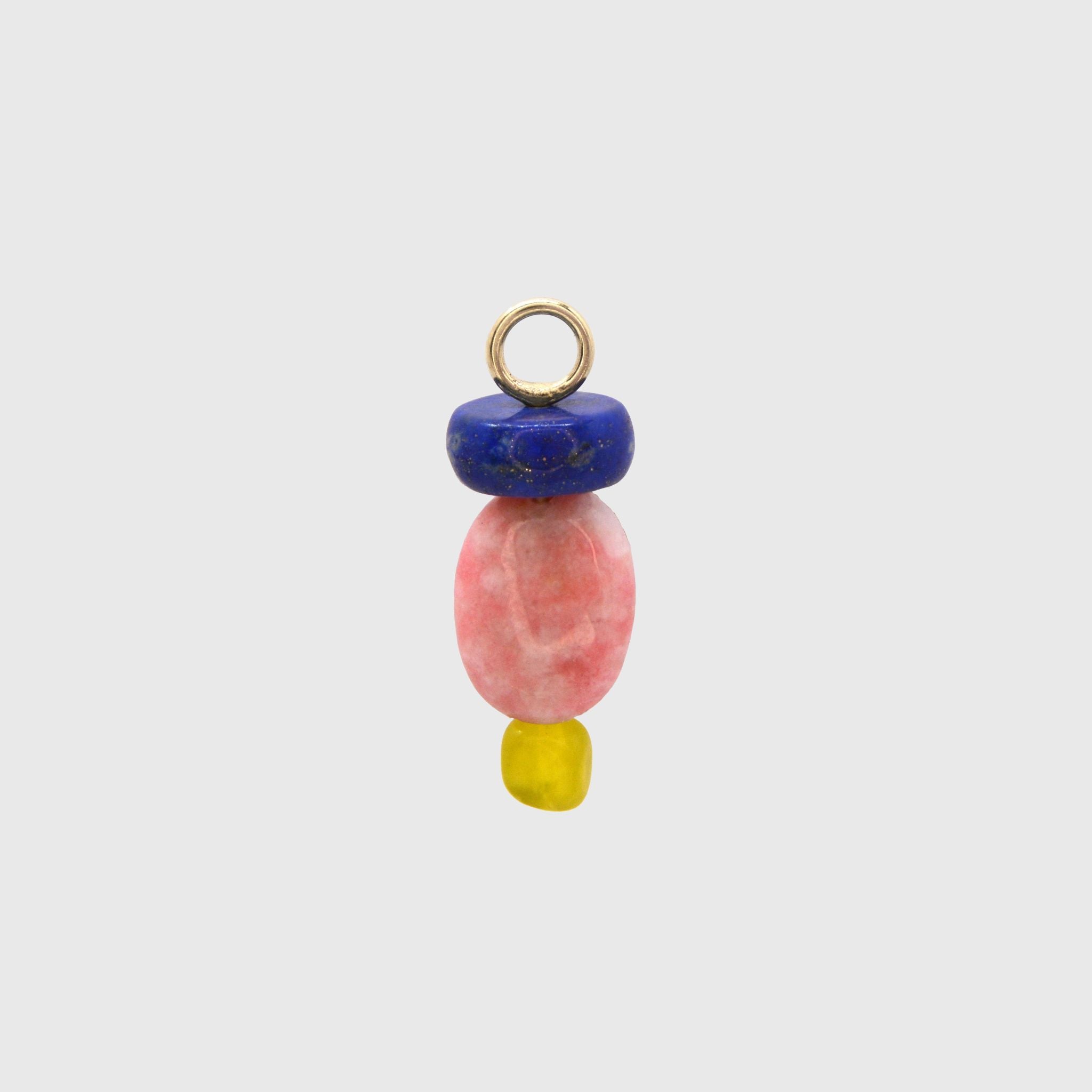 Cobalt Crush Hoop Charm, a lapis lazuli rondelle above an oval apricot thulite and a Korean peridot on a gold loop