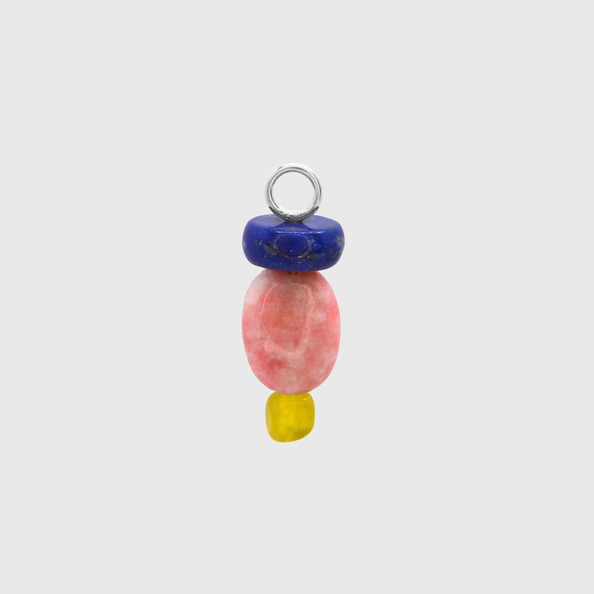 Hoop charm with a lapis lazuli rondelle above an oval apricot thulite and a Korean peridot on a silver loop