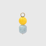 Saltwater Citrus Hoop Charm, a round mango jade bead above a barrel-shaped aquamarine on a gold loop