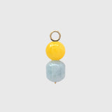 Saltwater Citrus Hoop Charm, a round mango jade bead above a barrel-shaped aquamarine on a gold loop