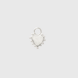 A small silver heart-shaped charm with a textured finish, a loop at the top, and small bead-like details along the outer edge, centered on a light gray background.