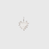 A silver heart-shaped pendant charm with small silver bead accents along the outer edge, shown on a light gray background.