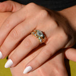 Truly lab-grown diamond wedding band in 9ct yellow gold stacked with the Aurora engagement ring and Sweet Thorn band