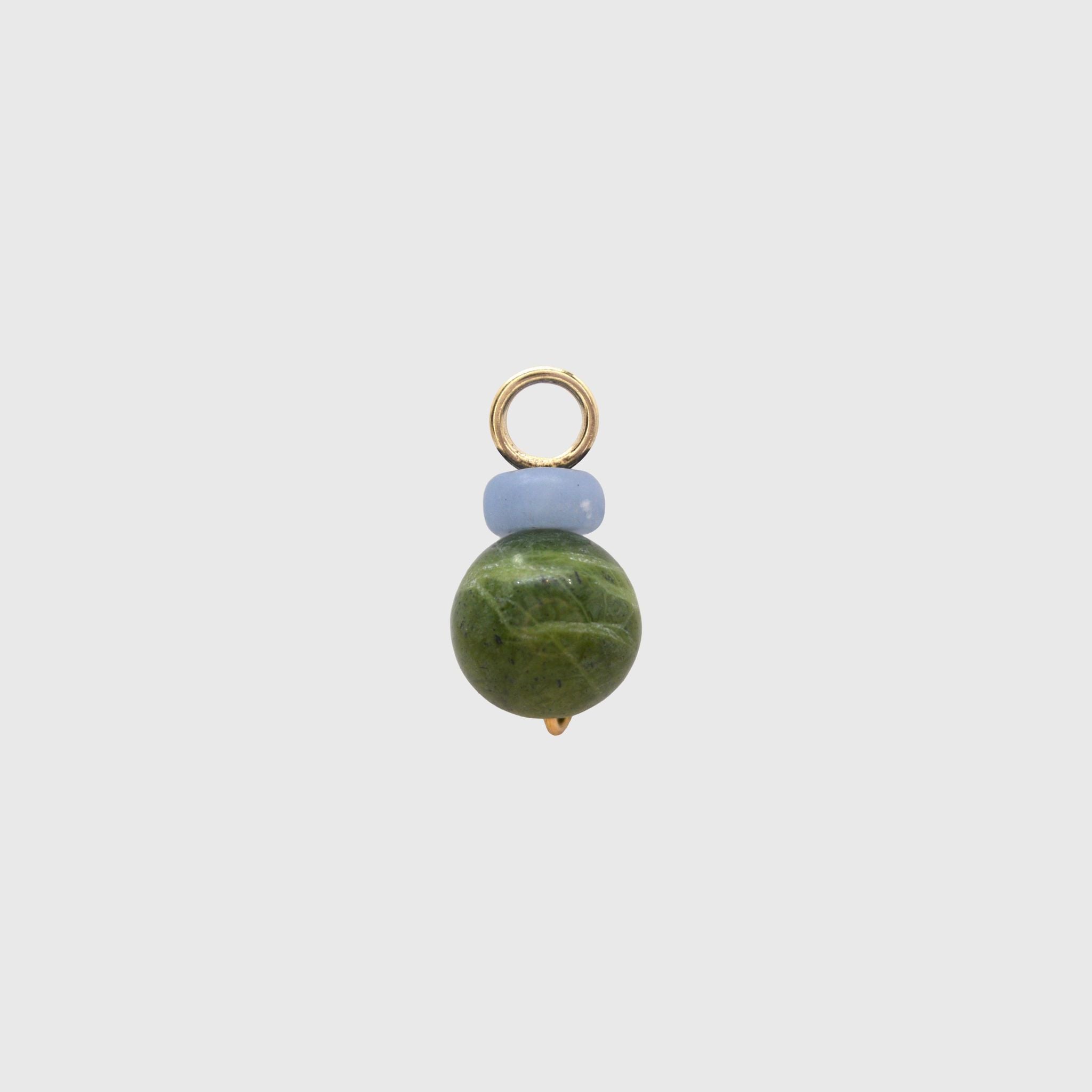 Wild Sage Hoop Charm, a pale blue angelite bead above a round green Canada jade bead on a gold loop