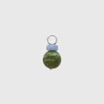 Hoop charm with a pale blue angelite rondelle above a round green Canada jade bead on a silver loop