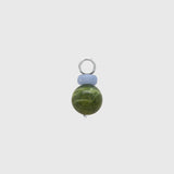 Hoop charm with a pale blue angelite rondelle above a round green Canada jade bead on a silver loop