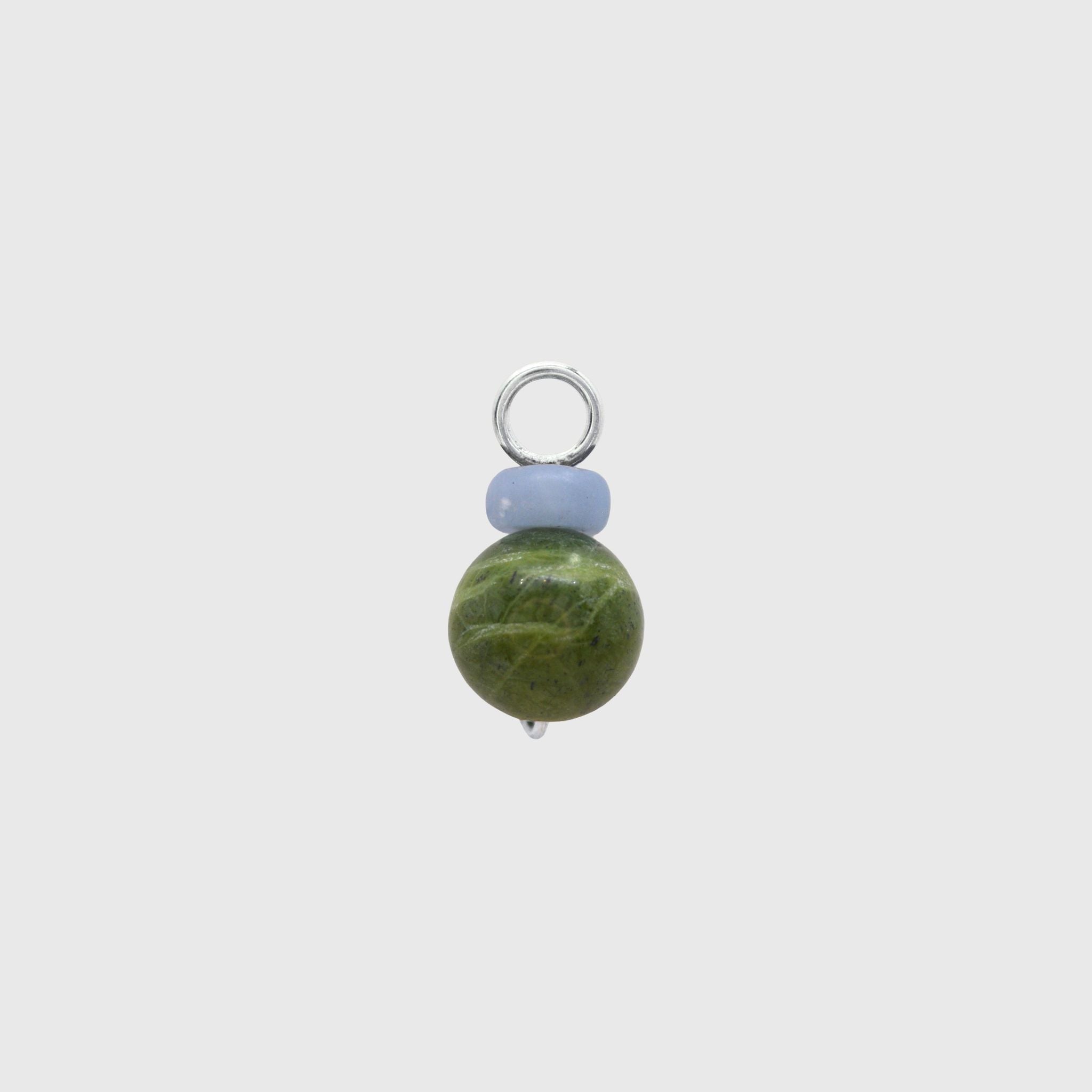 Hoop charm with a pale blue angelite rondelle above a round green Canada jade bead on a silver loop