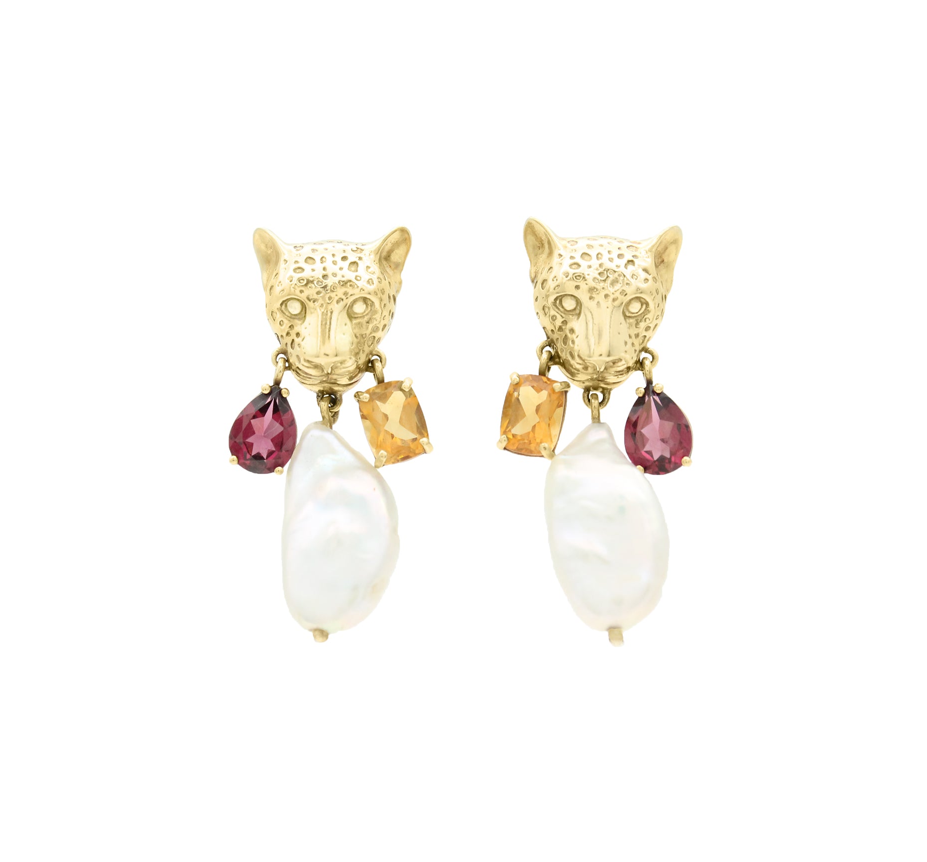 Mama Ingwe Earrings with Pearls, rhodolite garnets and citrines.